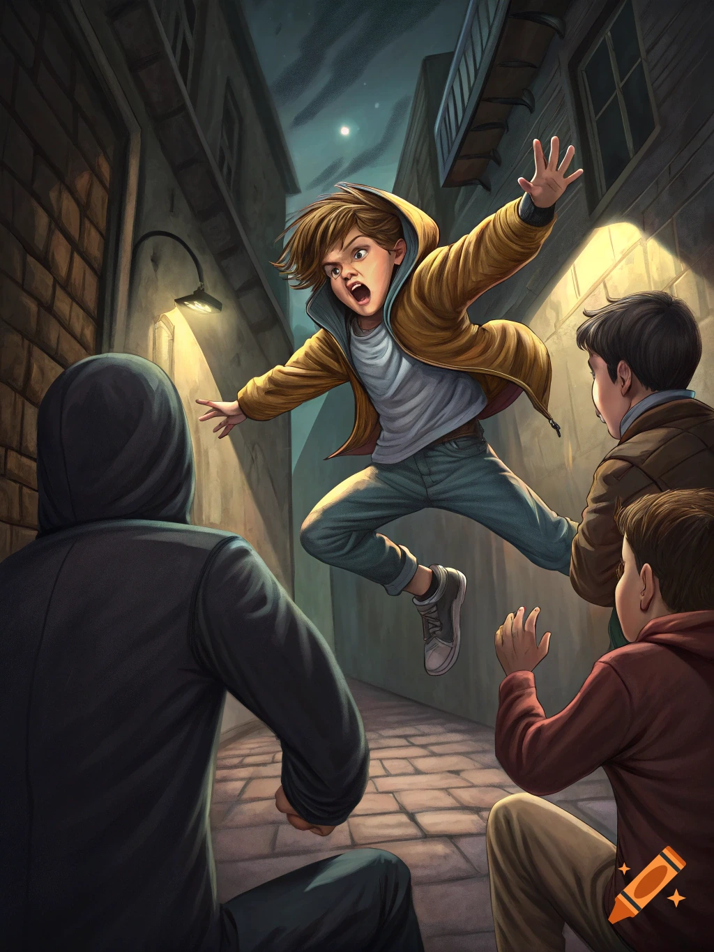 An illustrated scene shows a boy jumping away from three figures in a dark alley.