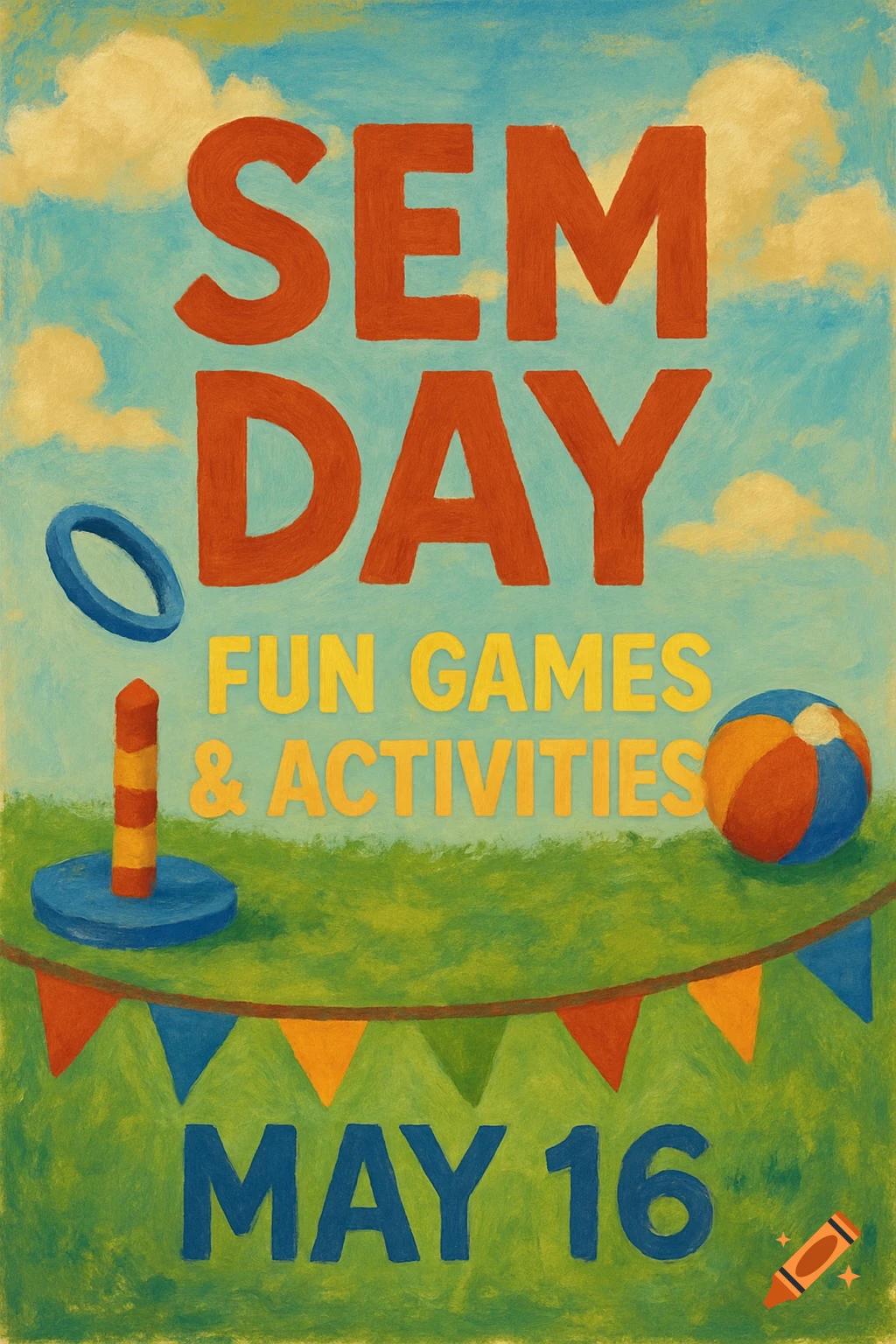 SEM Day event flyer with text FUN GAMES & ACTIVITIES MAY 16, depicted in a painted style with games elements.