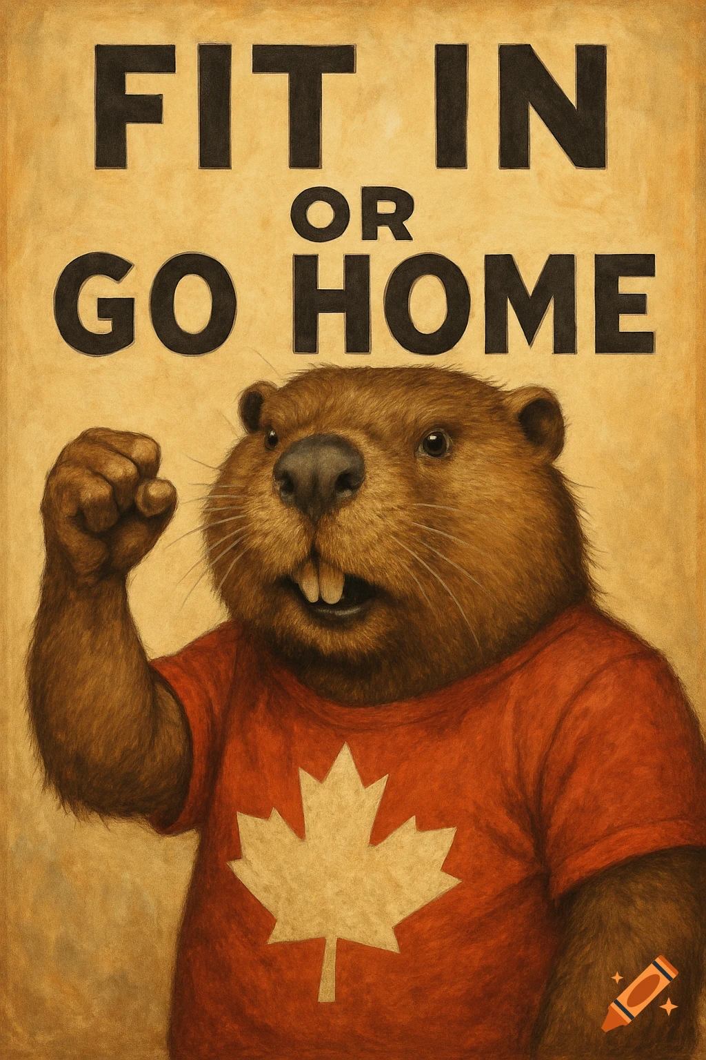 A beaver in a red maple leaf shirt holds up a fist under the text 'FIT IN OR GO HOME'.