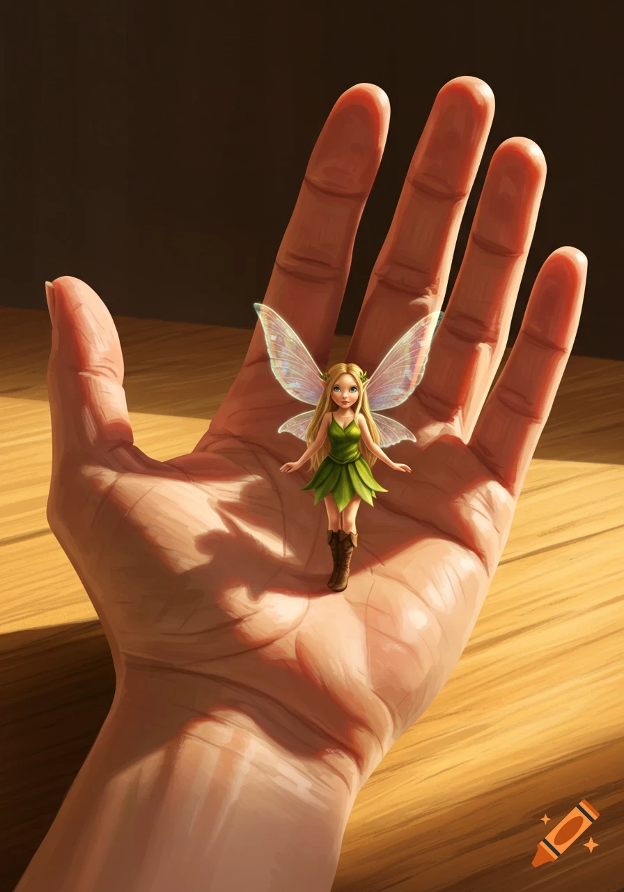 A tiny fairy stands in a large human hand.