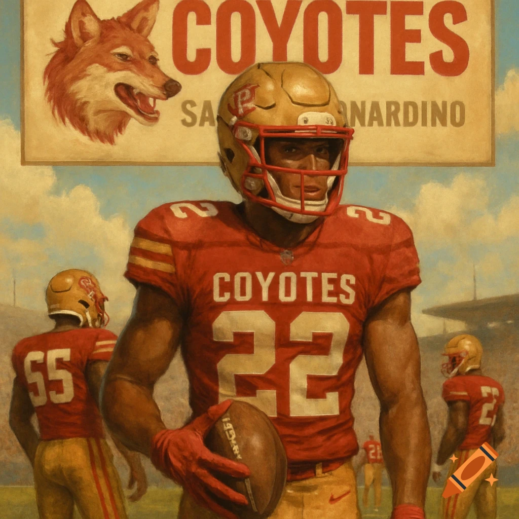 A football player in a red and gold uniform stands on a field with teammates and a sign that says "COYOTES SAN BERNARDINO" with a coyote head logo.