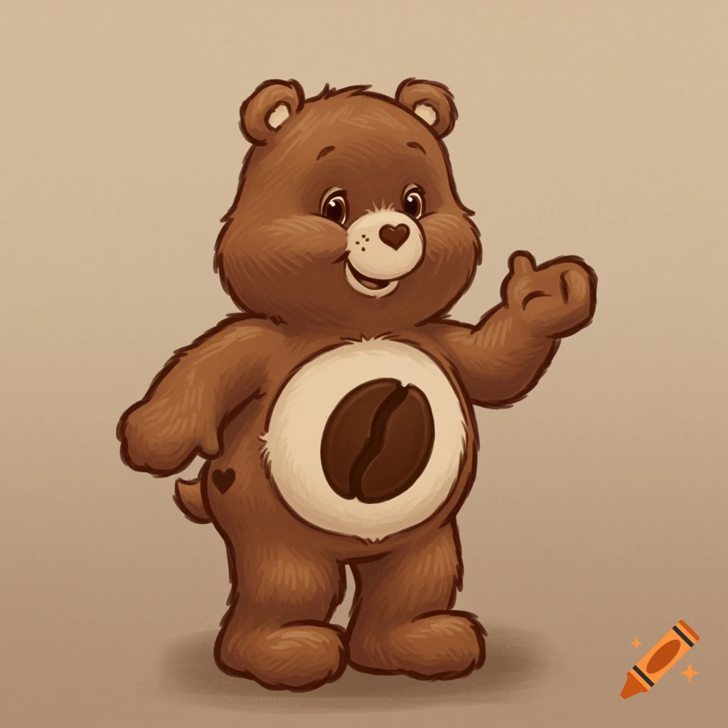 Cartoon brown bear with a coffee bean on its belly, giving a thumbs up.