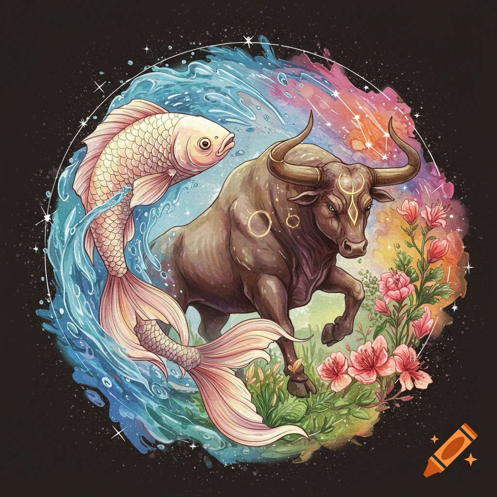 Watercolor illustration of a fish and bull fused, surrounded by water, flowers, and stars, depicting Pisces and Taurus zodiac signs.