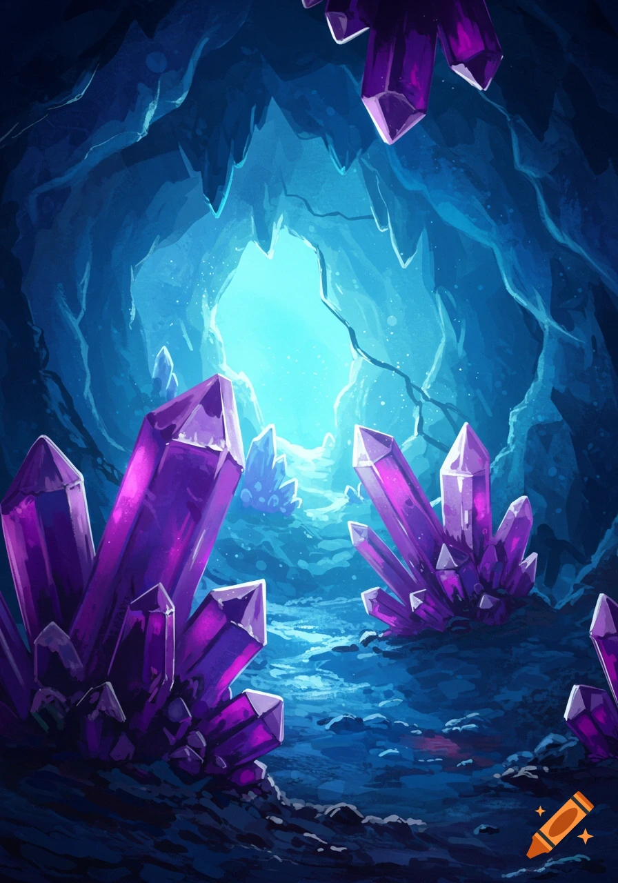 Fantasy illustration of large purple crystals in a dark blue cave illuminated by light from an opening.