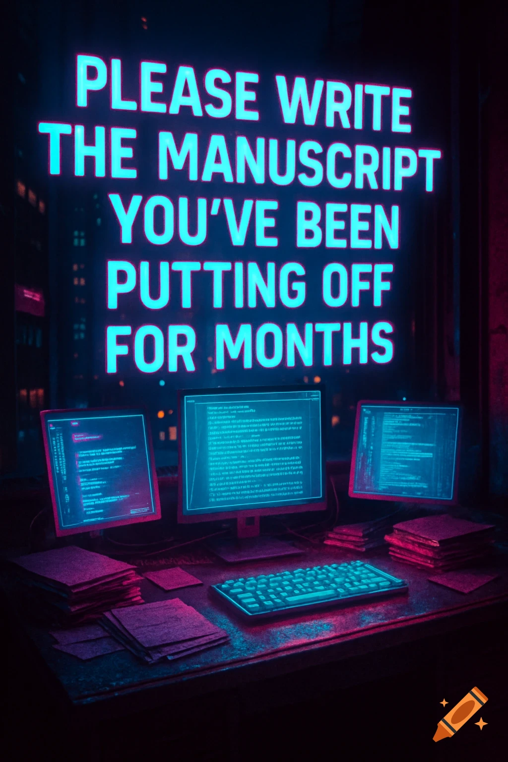 Cyberpunk desk with neon sign reading "PLEASE WRITE THE MANUSCRIPT YOU'VE BEEN PUTTING OFF FOR MONTHS"