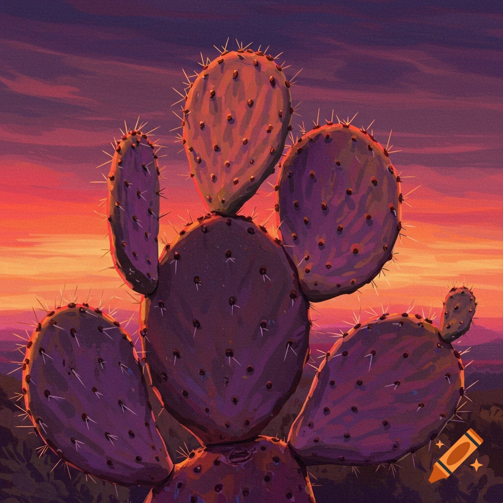 Prickly pear cactus silhouetted against a vibrant sunset sky, digital painting style.