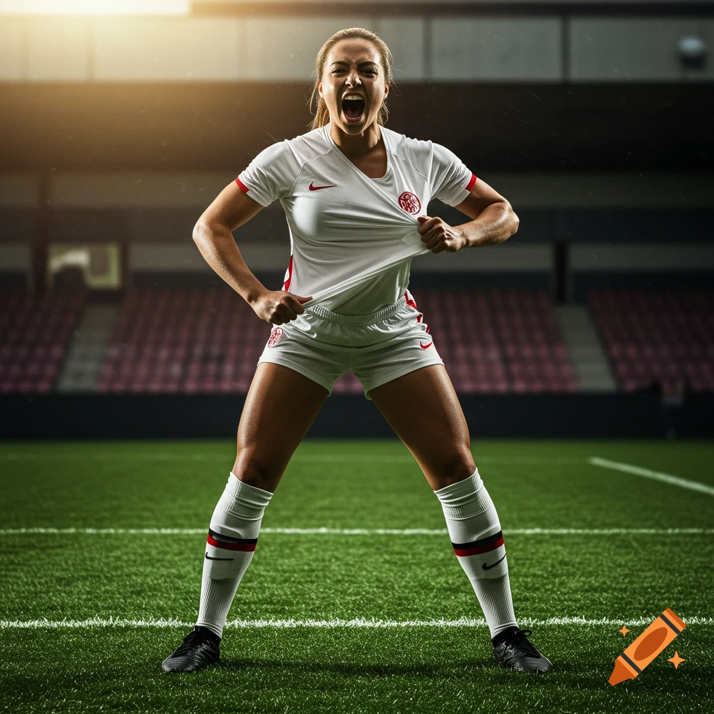 A female soccer player stands on the field, pulling her jersey and shouting in victory.