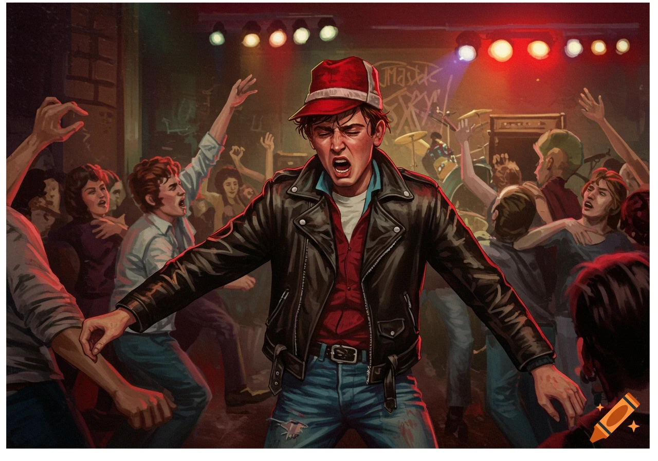 A person in a black leather jacket and red cap sings on stage in front of a cheering crowd at a concert.