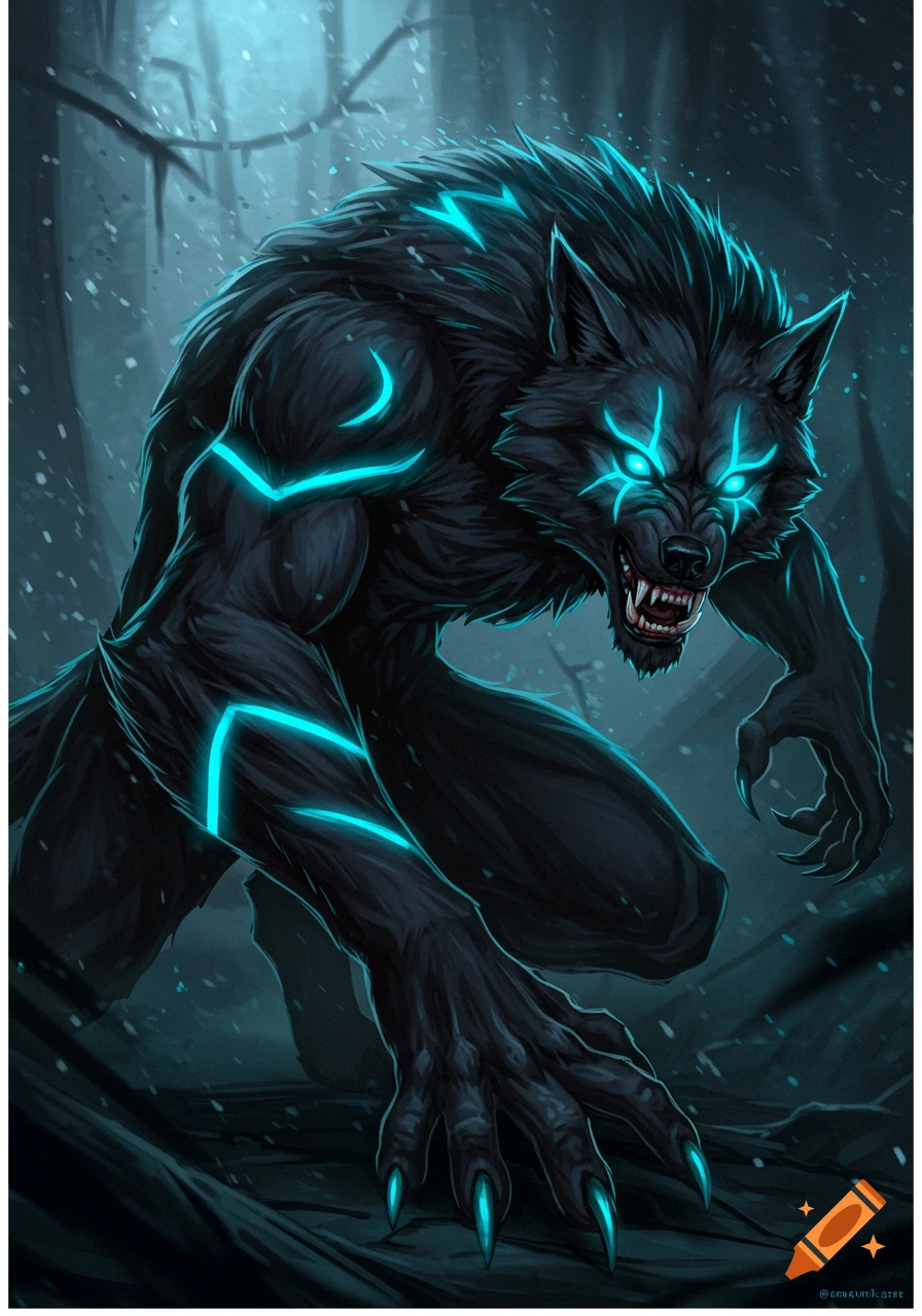 A dark werewolf with glowing blue lines and eyes in a forest.