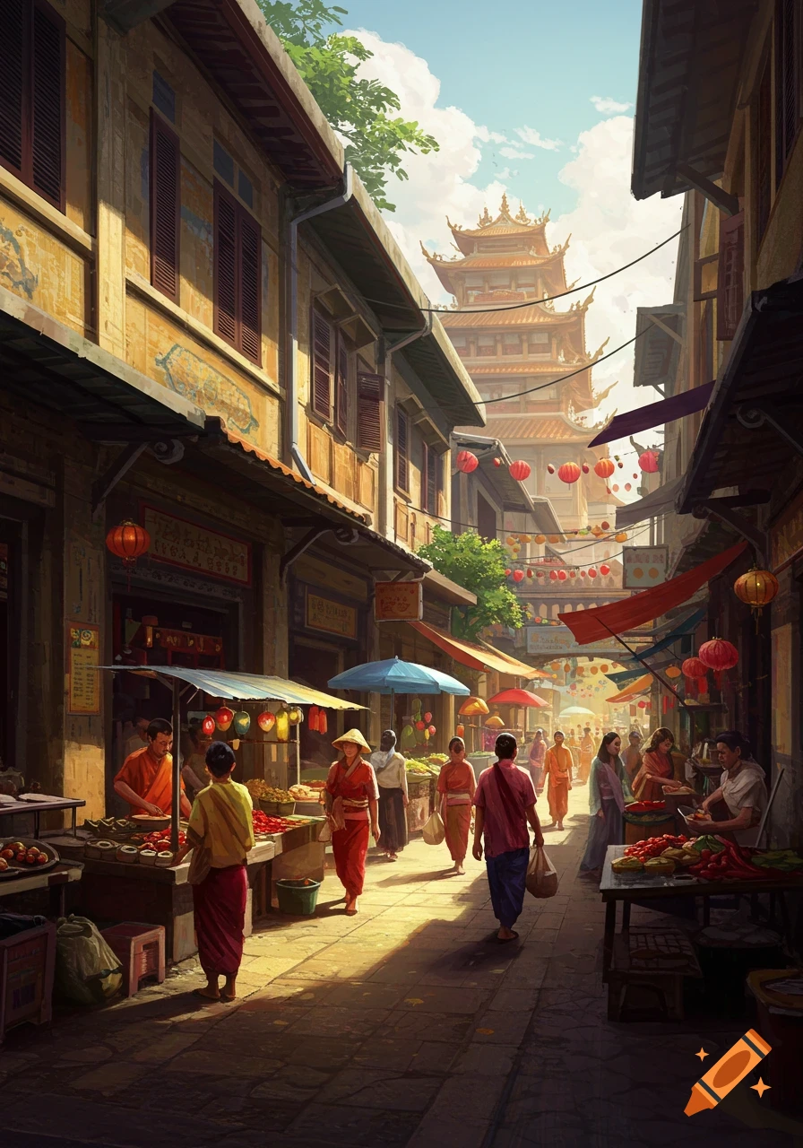 Bustling market street with vendors, shoppers, traditional buildings, and pagoda in distance, painterly style