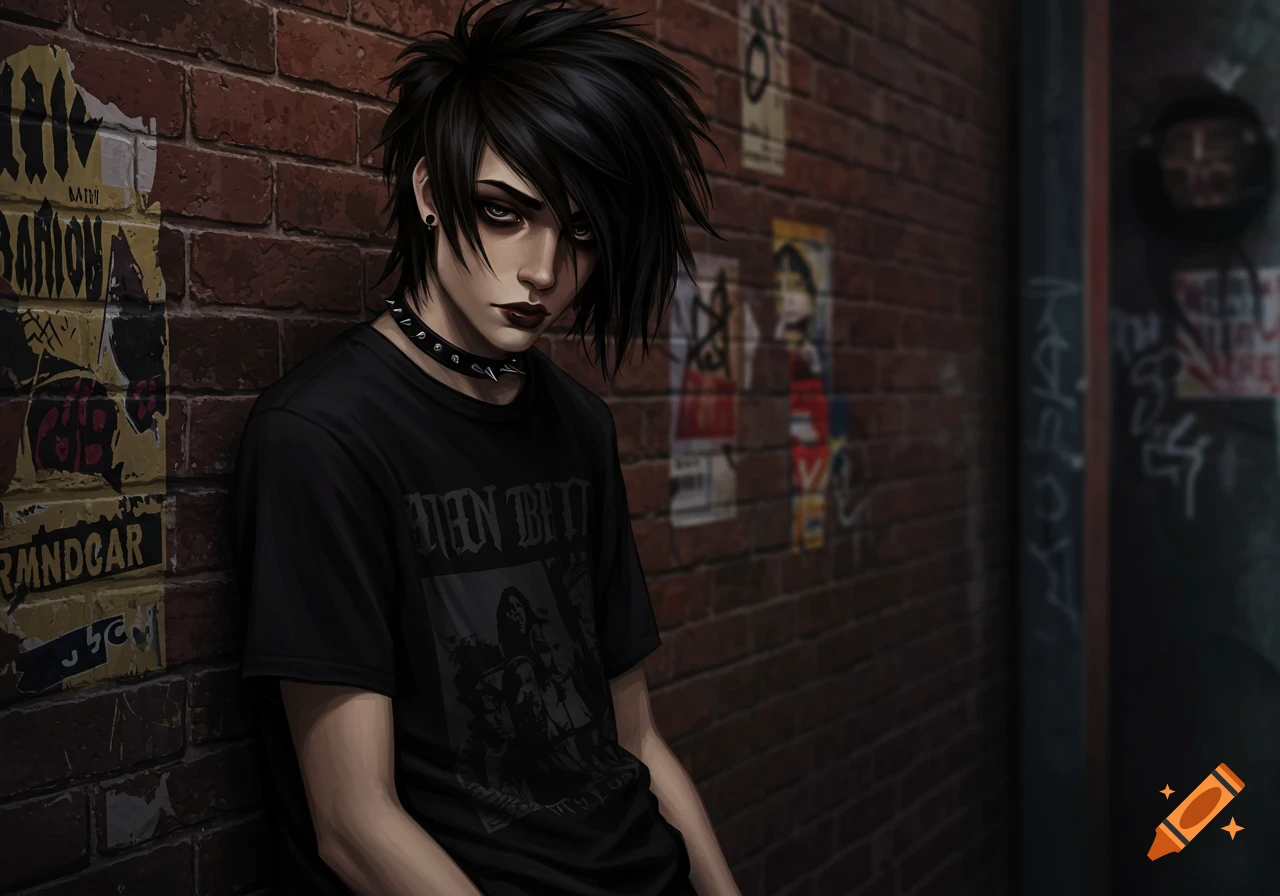 Portrait of an emo person with black hair and makeup, wearing a black t-shirt and spiked collar, leaning against a brick wall.