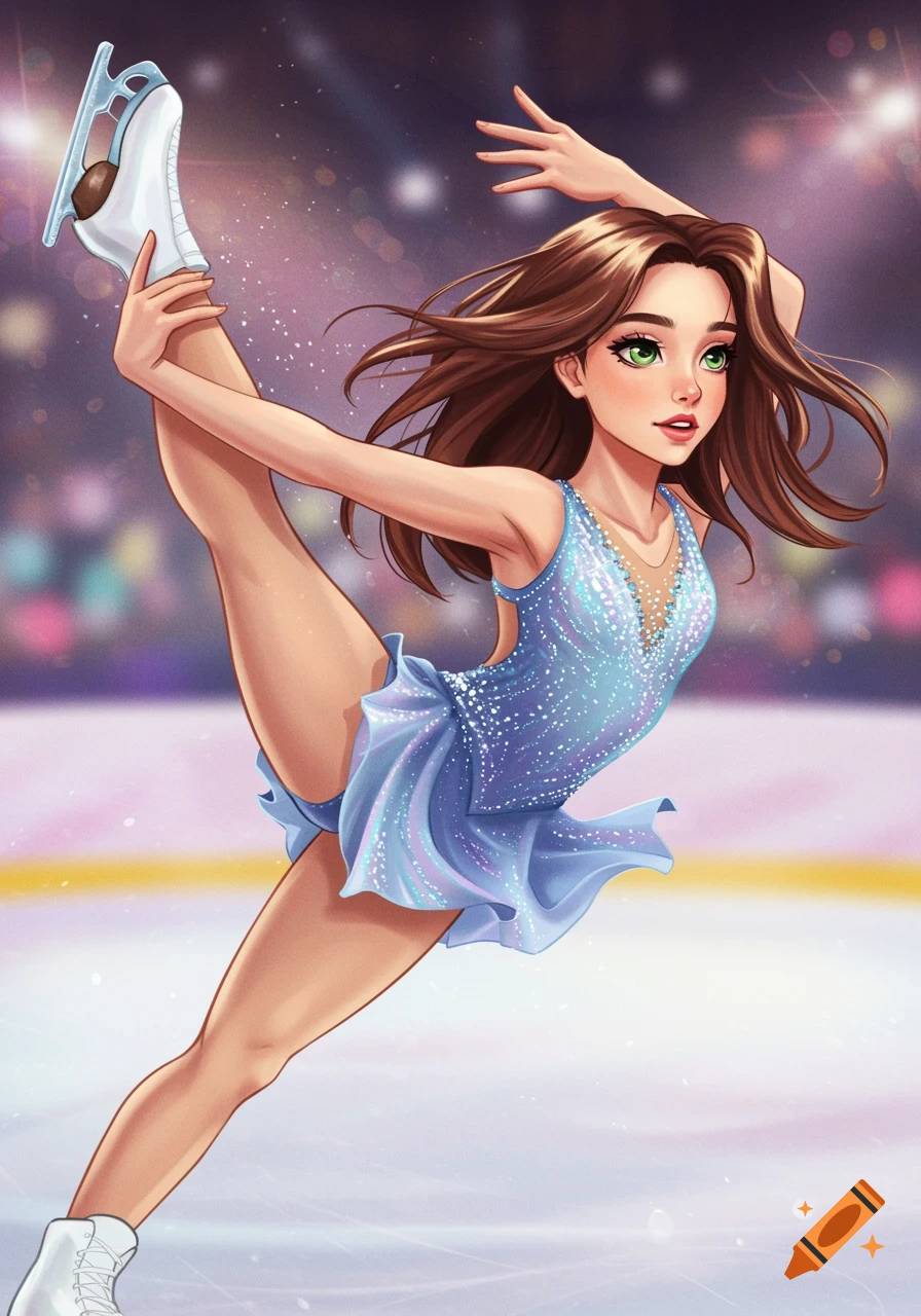 Stylized illustration of a figure skater performing a high leg extension in a sparkly blue dress.