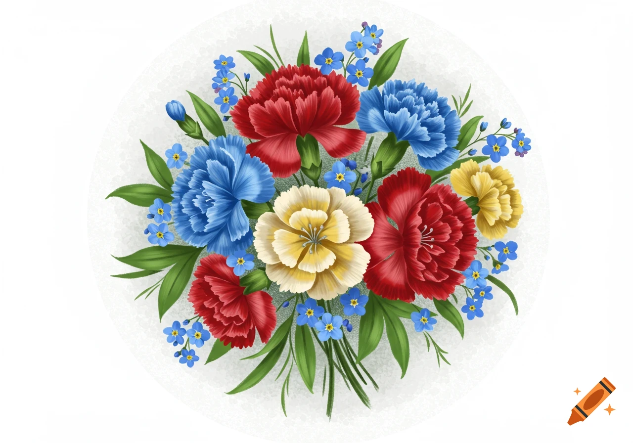 Illustration of a bouquet with red, blue, yellow, and white carnations, green leaves, and blue forget-me-nots on a round background.