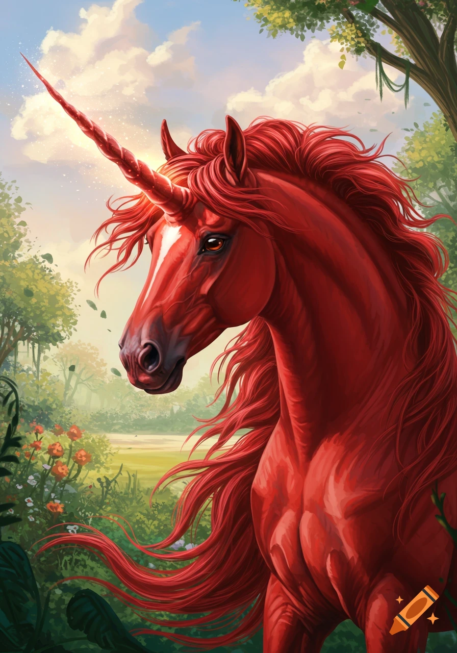 Digital painting of a majestic red unicorn with a flowing mane in a sunny forest clearing.