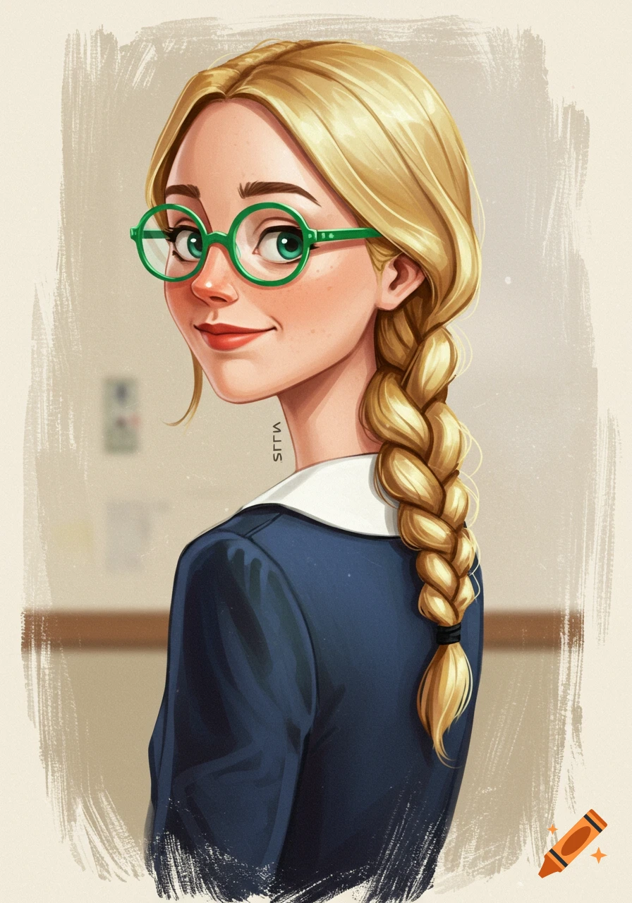 Illustration of a young woman with blonde braided hair and green glasses, looking over her shoulder.
