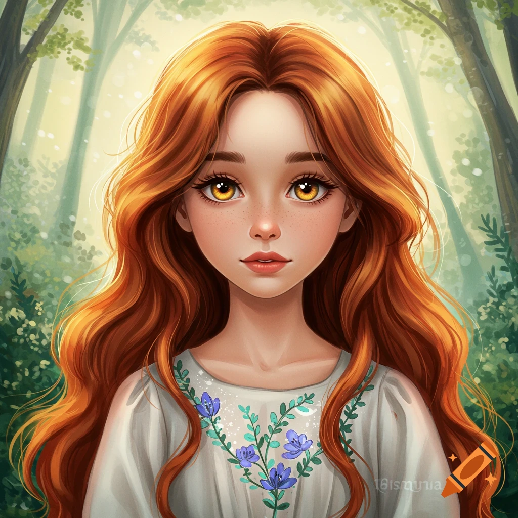 Stylized portrait of a girl with red hair and yellow eyes in a forest ...