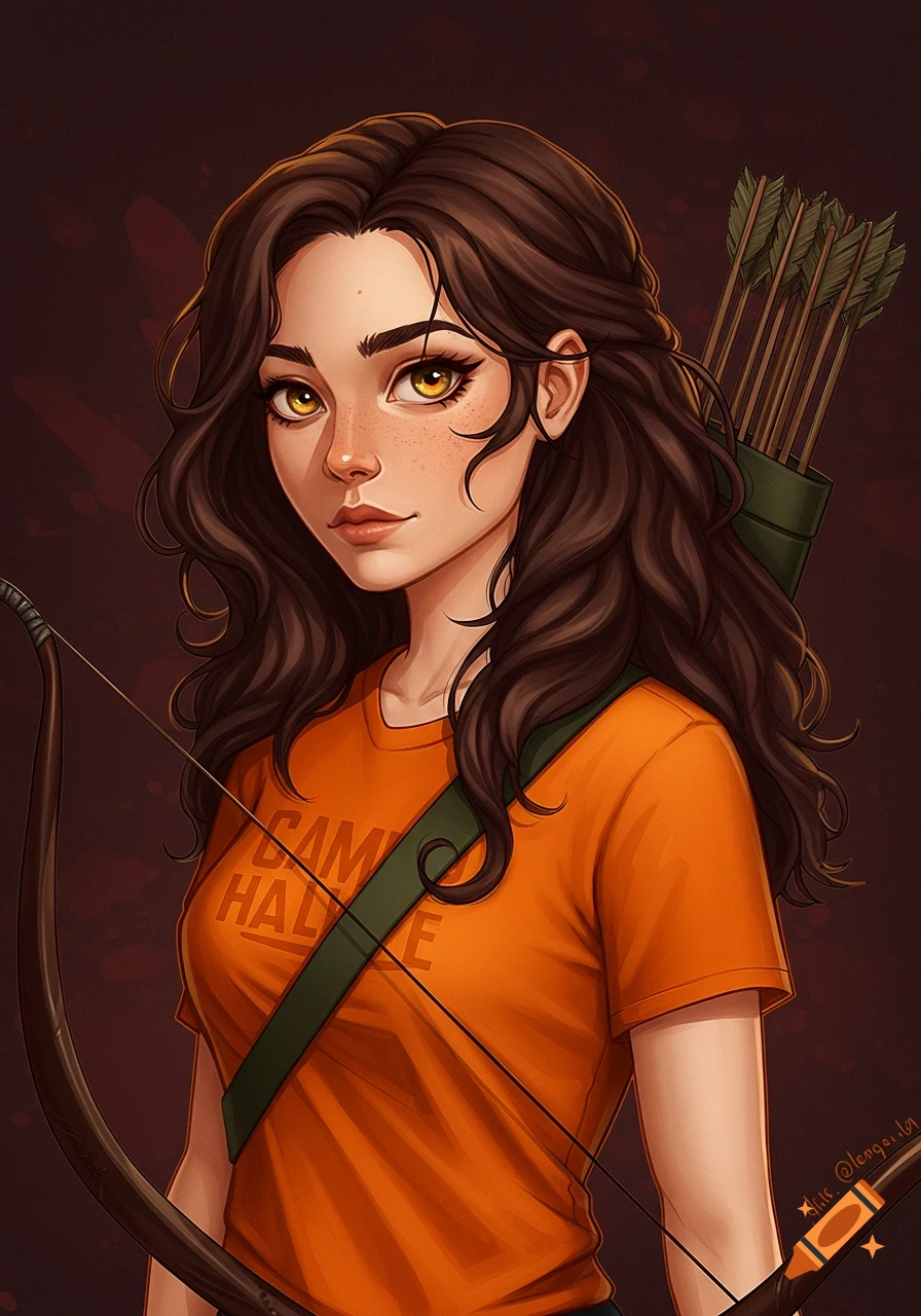 Digital painting of a young woman with dark hair, golden eyes, wearing an orange t-shirt, holding a bow with a quiver of arrows.