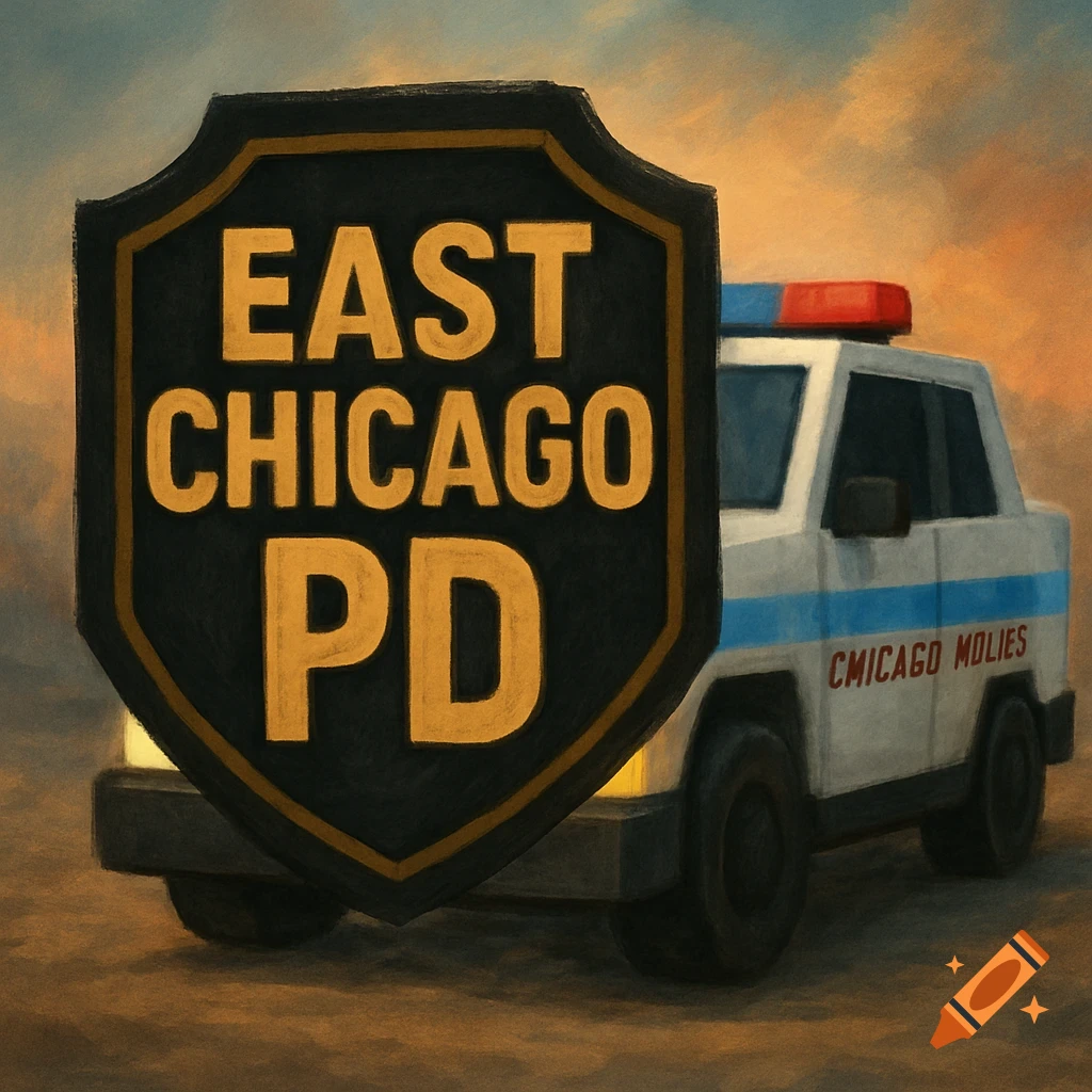 Illustration of a black police badge saying EAST CHICAGO PD with a police car behind it.
