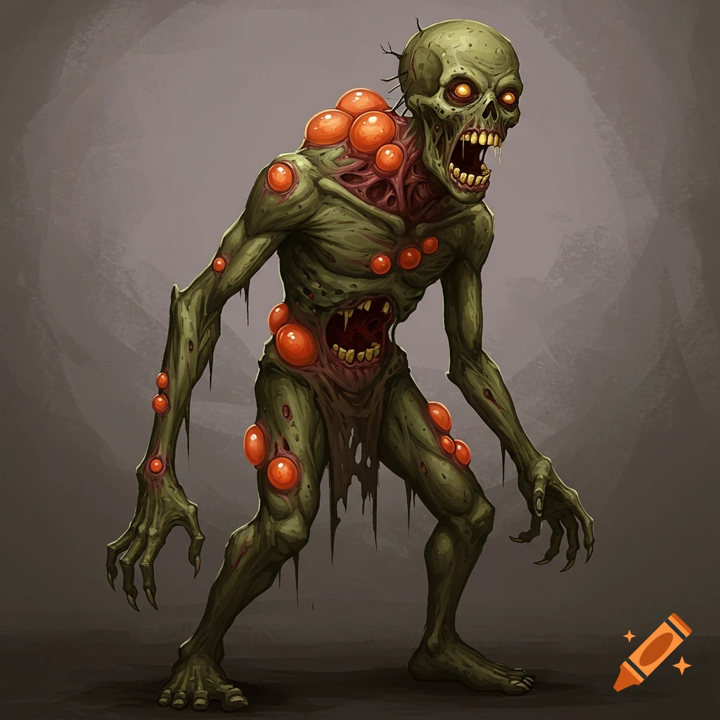 Cartoon illustration of a standing green zombie with exposed ribs and orange sacs.