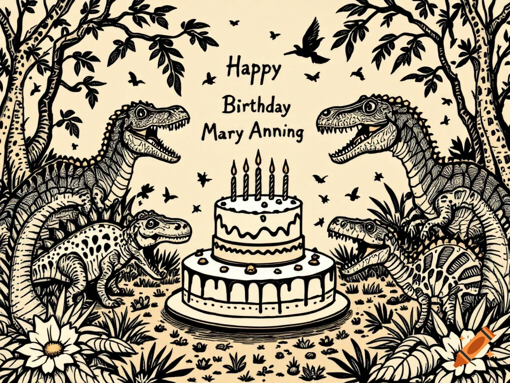 Woodcut of dinosaurs around a birthday cake with text Happy Birthday Mary Anning