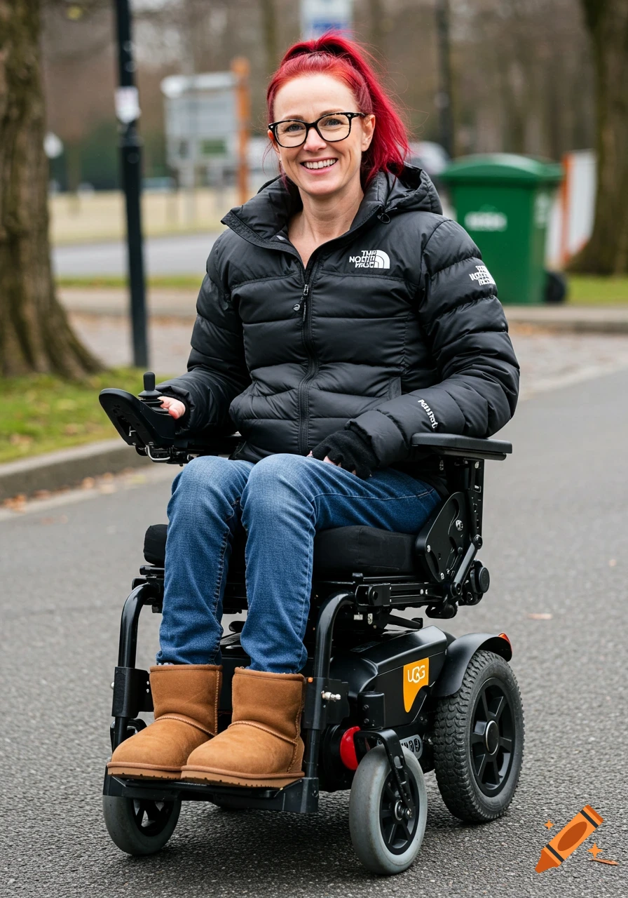 A woman with red hair in a wheelchair smiles for the camera outdoors.