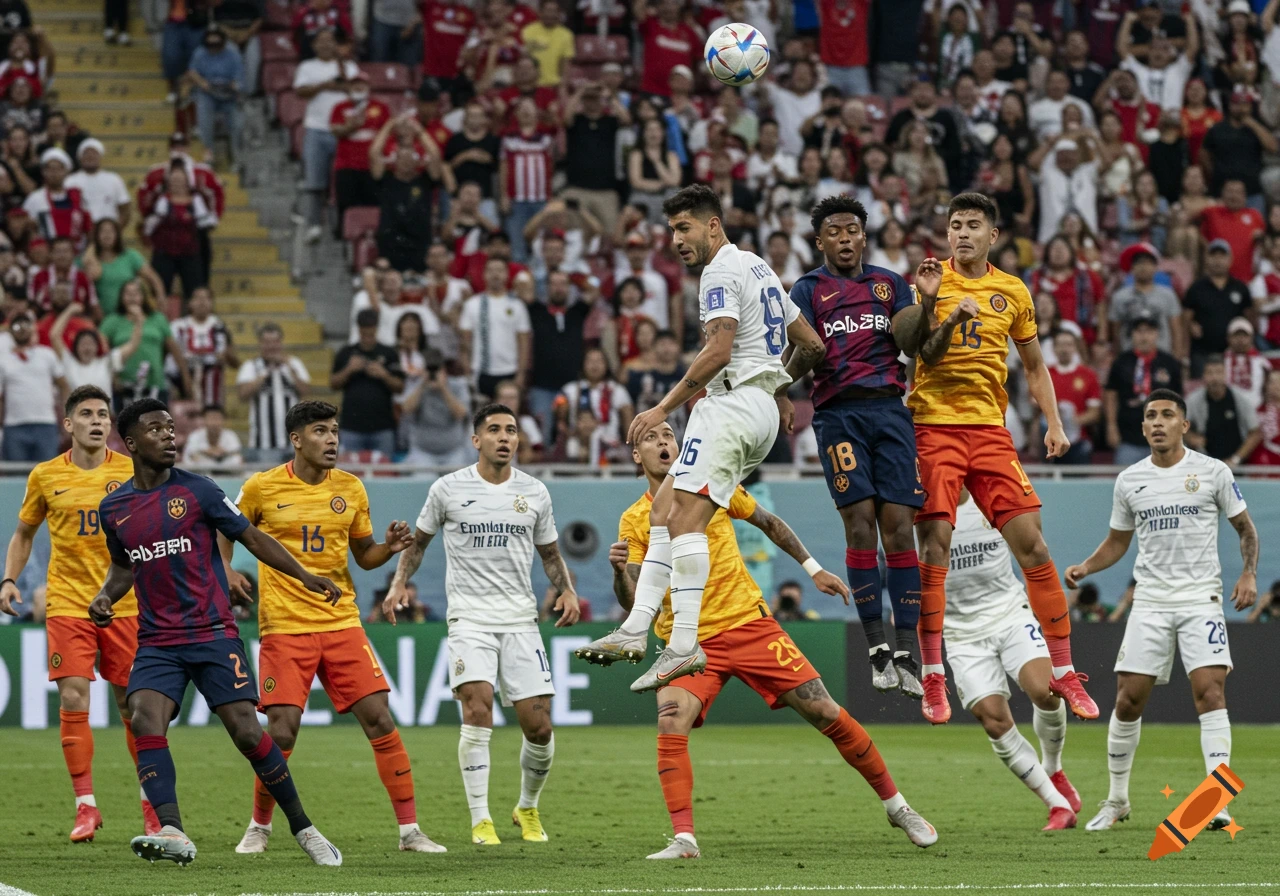 Soccer players jump for a header during a game