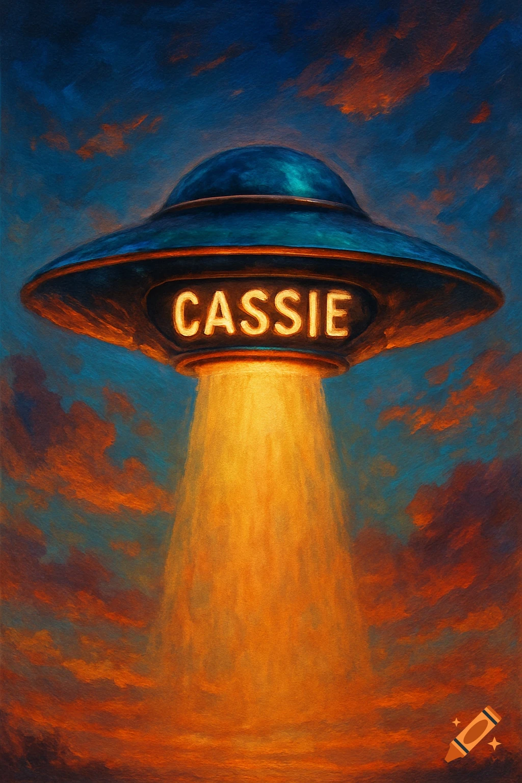 A painted UFO with the name Cassie emitting a beam of light, set against an orange and blue sky.