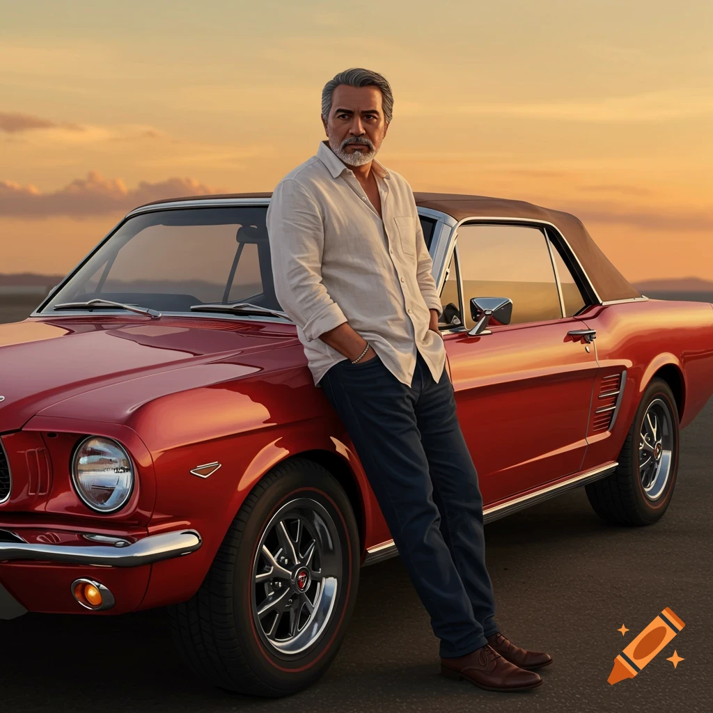 Man leans on a classic red car at sunset.