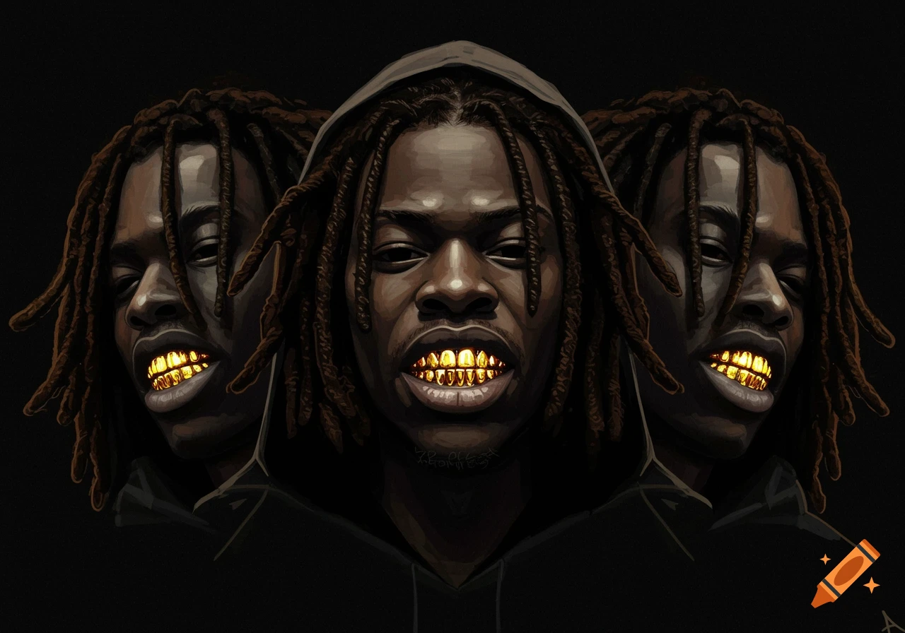 Three stylized portraits of a man with dreadlocks and gold gold teeth against a dark background.