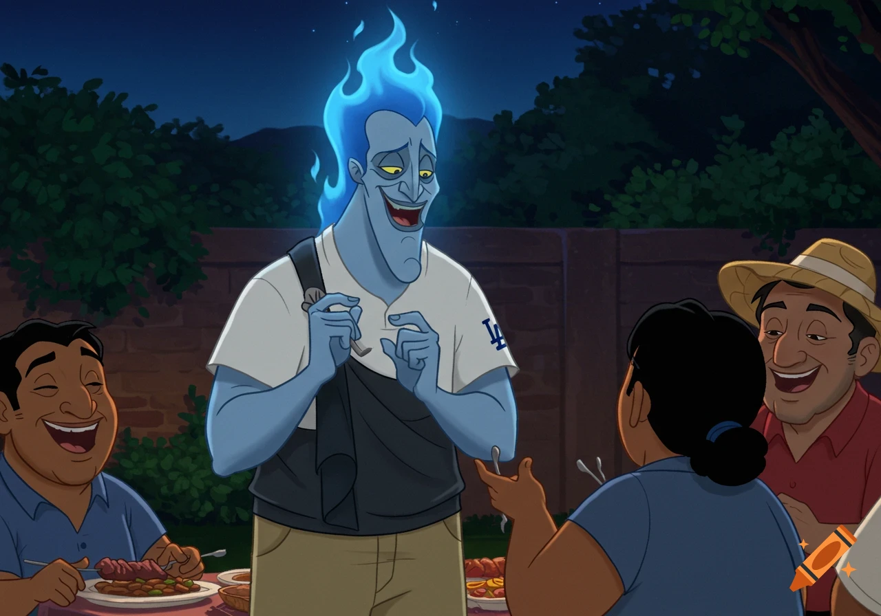 Animated scene of Disney's Hades in a Dodgers shirt at a backyard barbecue with other laughing guests.