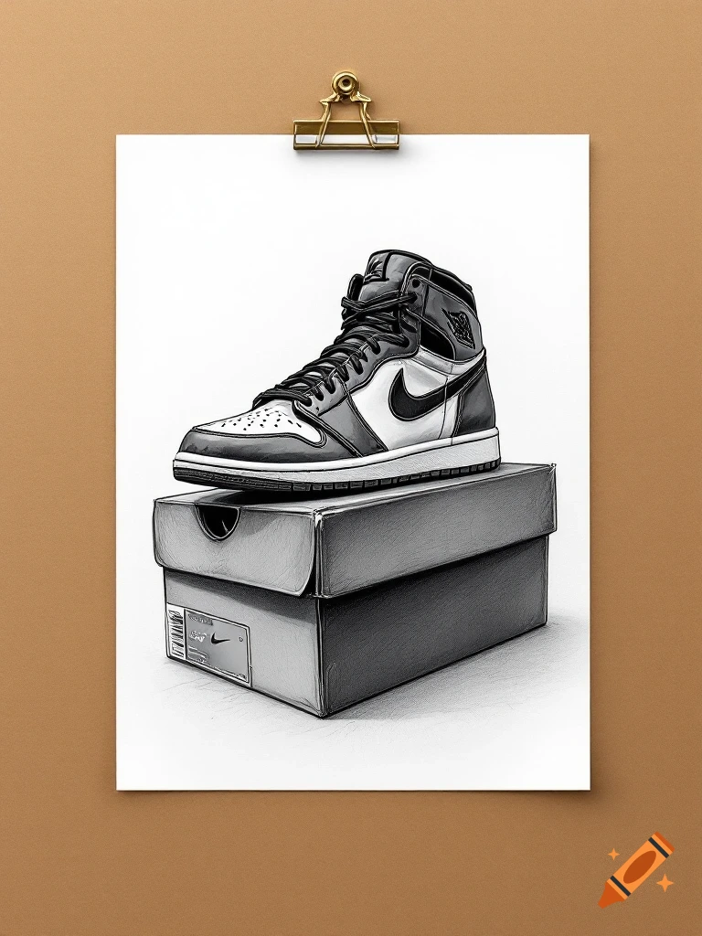A sketch of a sneaker sitting on a shoebox.