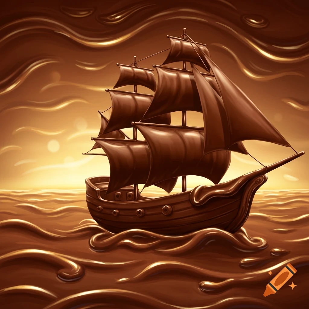 A boat made of chocolate sails on a sea of swirling chocolate waves.