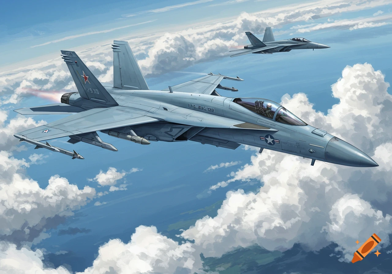 Two fighter jets, a mix of F-18 and SU-33, fly through a cloudy blue sky.