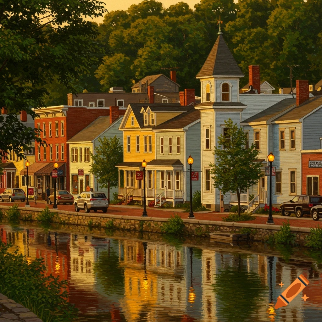Colorful historic buildings line a canal, reflecting in the water under warm light, depicting a town scene.
