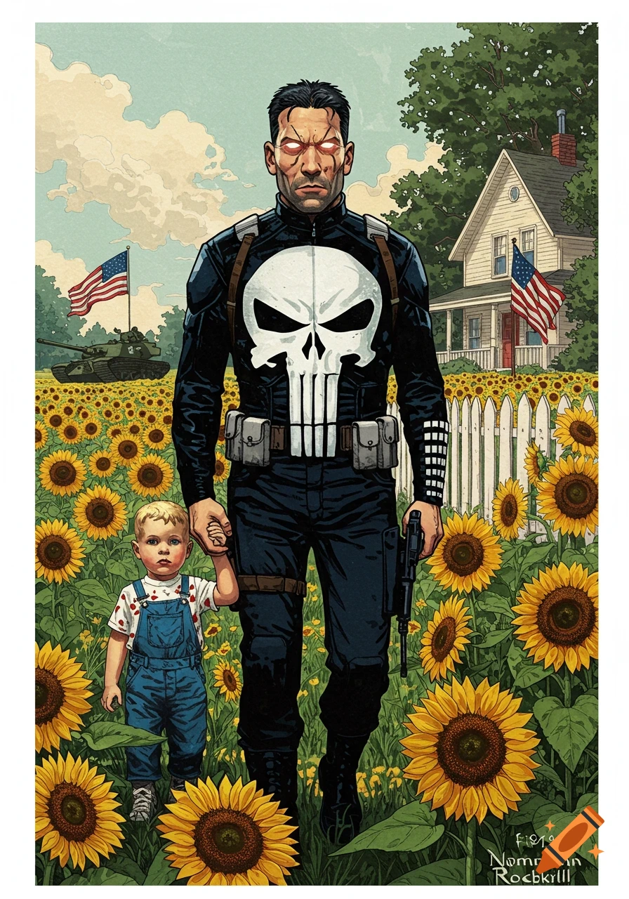 The Punisher holding a child's hand walks through a sunflower field with a house and tank in the background, Norman Rockwell style illustration.