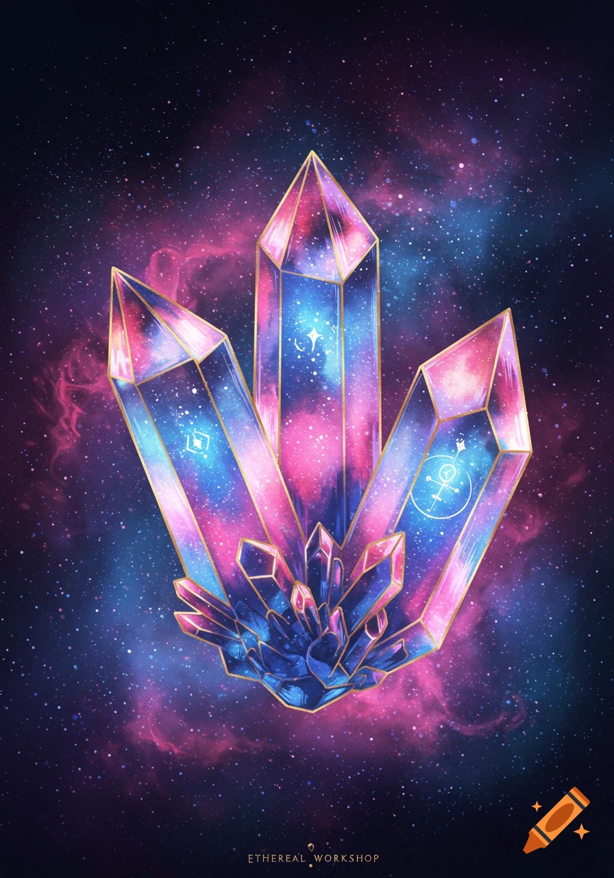 Illustration of glowing blue and pink crystals against a starry galaxy background.