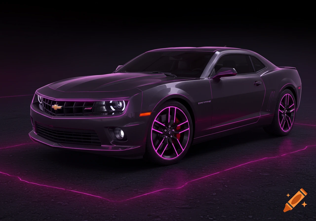 A dark purple Chevrolet Camaro outlined in bright pink neon light on a dark surface.