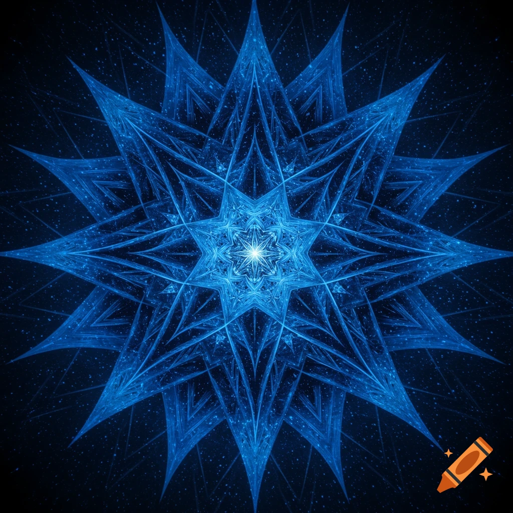 Abstract blue fractal mandala resembling a star against a dark background.