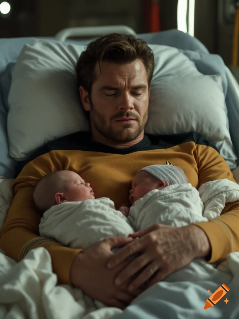 Man in Starfleet uniform lies in bed holding two swaddled babies.