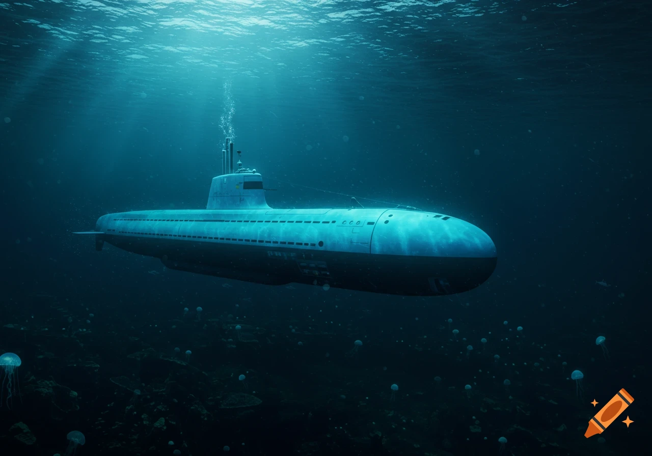 A submarine submerged underwater, with light rays filtering down from the surface and jellyfish floating nearby.