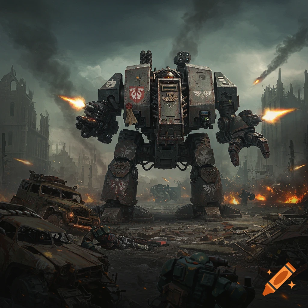 Large Warhammer 40k Dreadnought mech firing weapons in a destroyed city battlefield, gritty style.