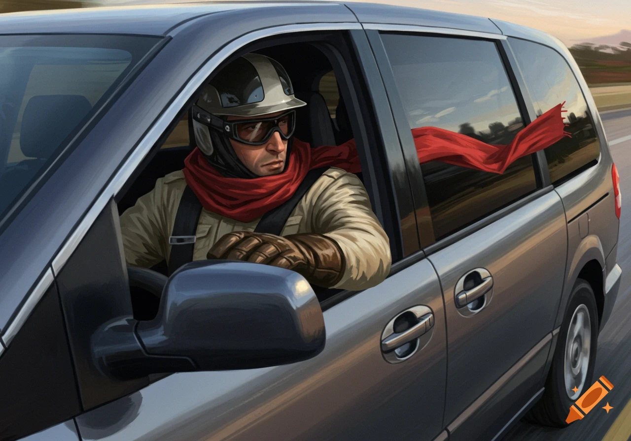 Illustration of a person in a helmet and red scarf driving a minivan.