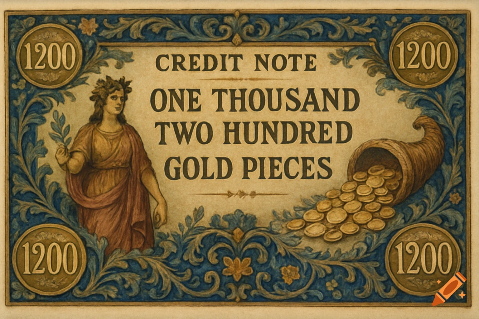 Decorated fantasy credit note with a classical figure, cornucopia of gold coins, and the number 1200.