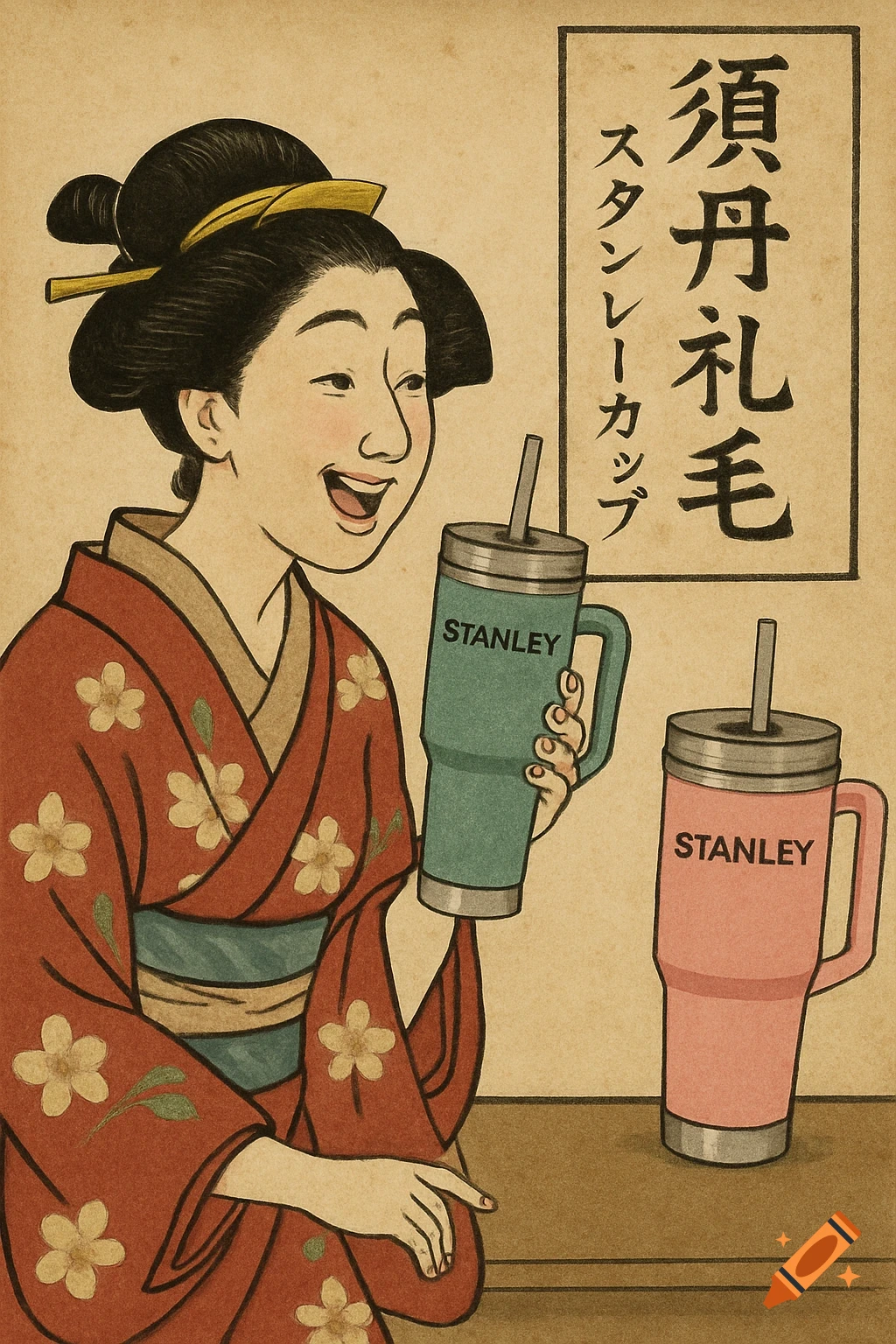 Japanese art style illustration of woman in kimono with Stanley cups.