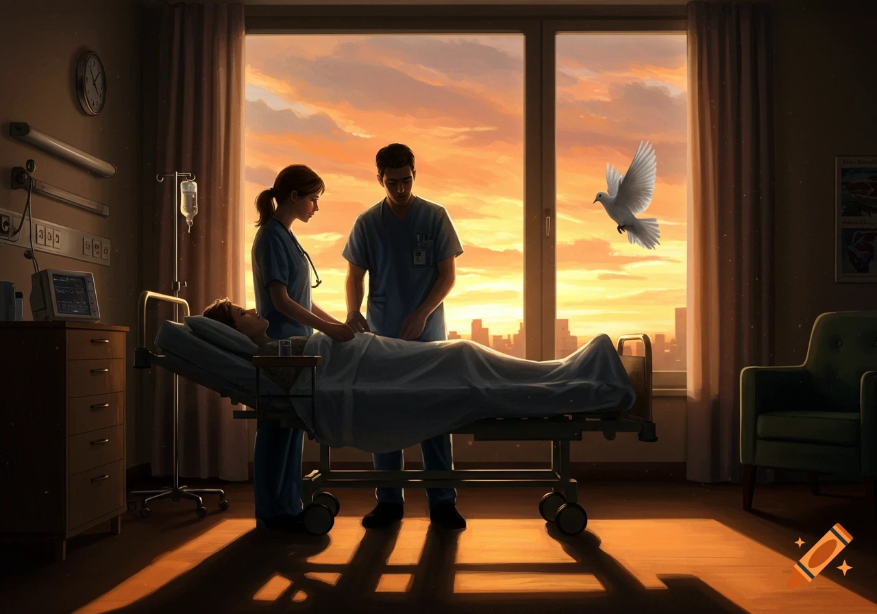 Nurses attend to a patient in a hospital room bathed in sunset light as a dove flies past the window.