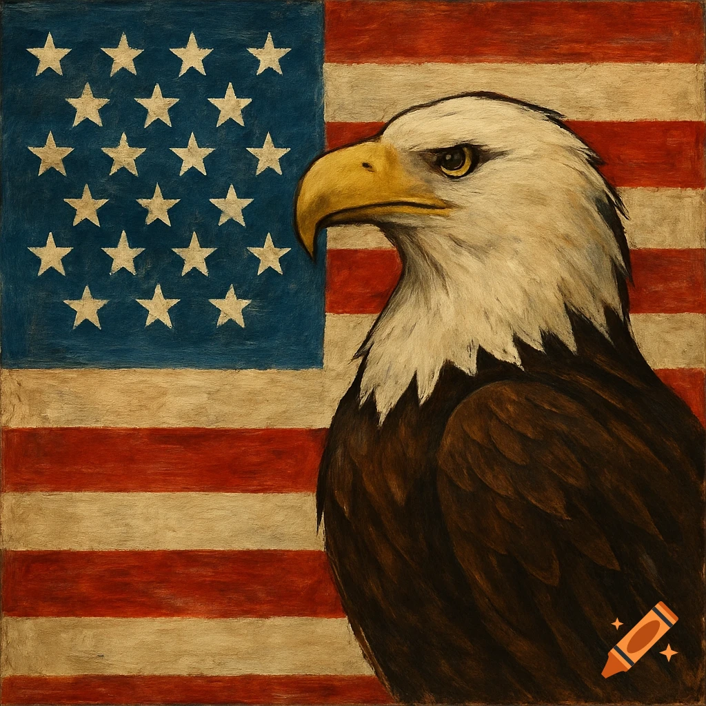 A bald eagle in profile in front of an American flag, painterly style.