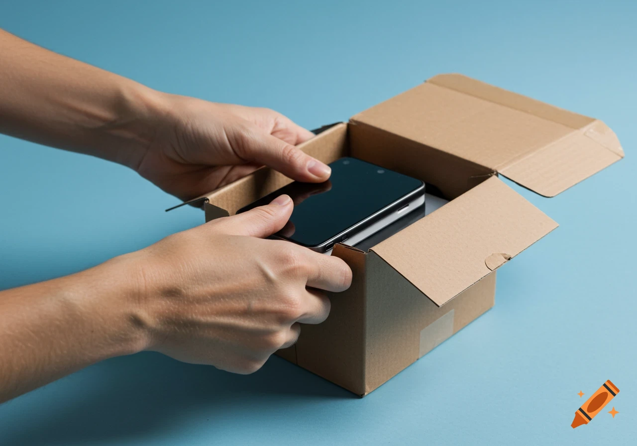 Hands unboxing a black smartphone from a cardboard box on a blue background.