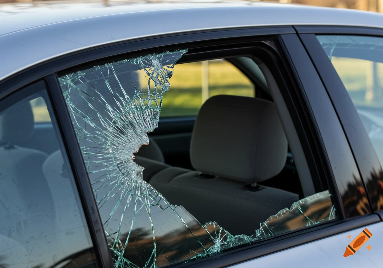 Close-up view of a broken side window on a grey car, showing shattered glass and interior seats.