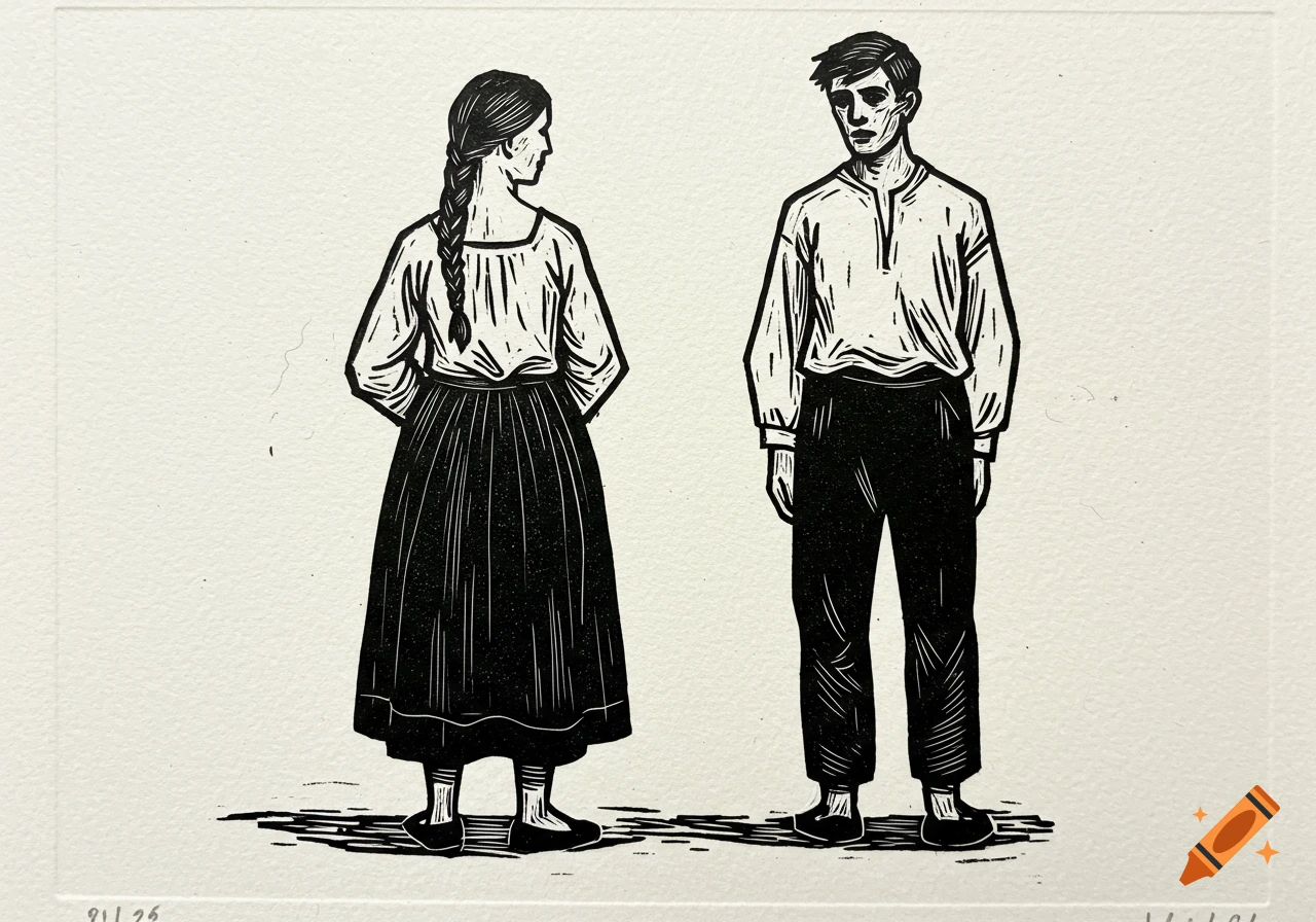 Black and white linocut print of a man and a woman standing.