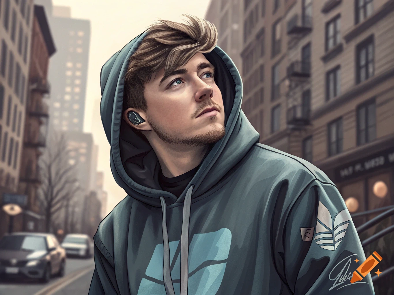 Digital art of a man in a grey hoodie and earbuds looking up on a city street.